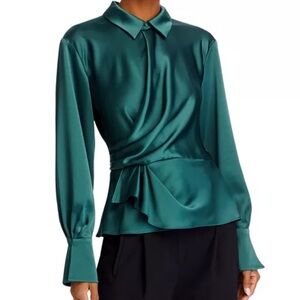 SIMKHAI Valya Satin Wrap Blouse Green Draped Peplum Top Size 2 NWT